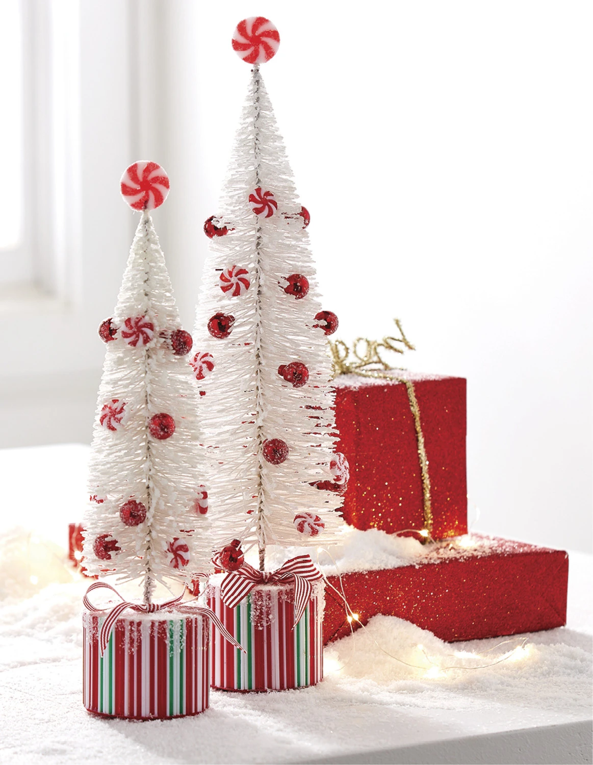 Raz Set Of 2 White Peppermint Bottle Brush Tree On Presents Christmas Figure 4215546 1 Raz Set Of 2 White Peppermint Bottle Brush Tree On Presents Christmas Figure 4215546