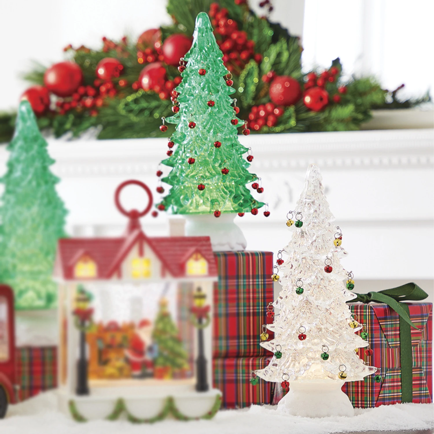 Raz 12" Clear Or Green Lighted Shimmering Water Globe Tree With Jingle Bells 1 Raz 12" Clear Or Green Lighted Shimmering Water Globe Tree With Jingle Bells