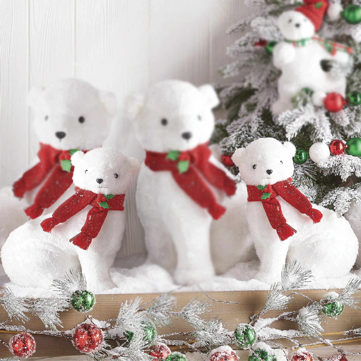 Raz 14.75" Glittered Plush Polar Bear With Scarf Christmas Figure 4216246 1 Raz 14.75" Glittered Plush Polar Bear With Scarf Christmas Figure 4216246
