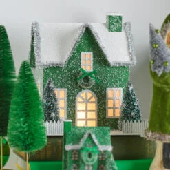 Raz 9.25" Lighted Green Cardboard Christmas House 4219092