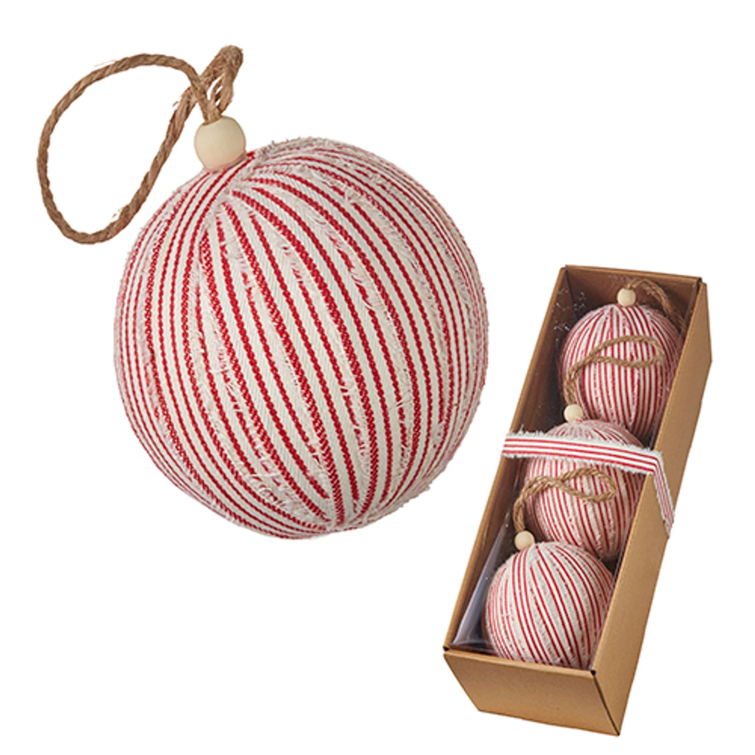 Raz Box Of 3 4" Red Ticking Stripe Christmas Ornaments 4220852 2 Raz Box Of 3 4" Red Ticking Stripe Christmas Ornaments 4220852 - Image 2