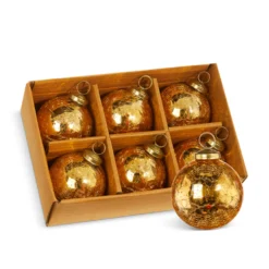 Raz 3" Box Of 6 Gold Crackle Glass Christmas Ornaments 4300717