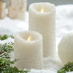 Uyuni 3" X 5", 6" Moving Flame White Iced Pillar Battery Candle