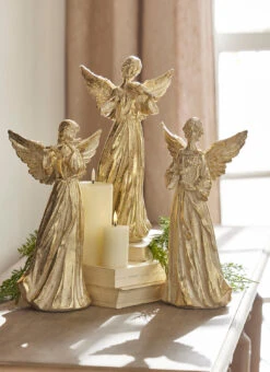 Raz 14" Gold Angel With Instrument Set Of 3 Christmas Figures 4311307