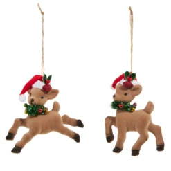 Raz 4.75" Set Of 2 Deer With Santa Hat Christmas Ornament 4320036