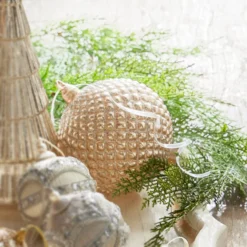 Raz 6" Champagne Quilted Ball Glass Christmas Ornament 4322916