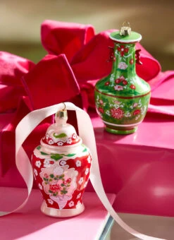 Raz 5" Green And Pink Chinoiserie Jar Glass Christmas Ornament 4352888