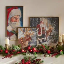 Raz Woodland Santa And Reindeer Textured Frame Christmas Wall Art