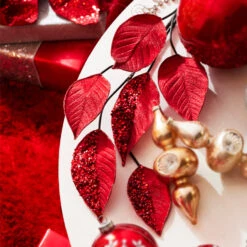 Raz 33.5" Red Beaded Leaf Christmas Tree Spray F4322788