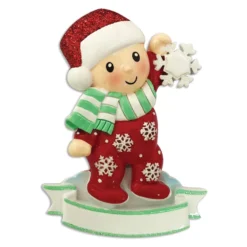 Baby In Red And Green Pajamas Holding Snowflake Personalized Christmas Ornament OR1920-RG -Xmas Ornaments Shop OR1920 RG 27388.1654185128