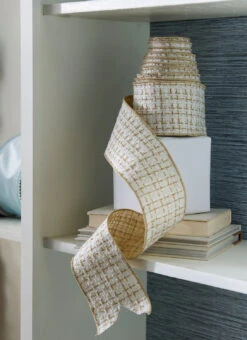 Raz 4" White And Gold Tweed Wired Christmas Ribbon R4371783