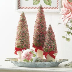 Raz Set Of 3 Potted Bottle Brush Trees With Red Berries Christmas Figure 4114106