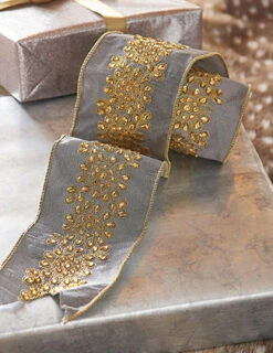 Raz 4" Grey And Gold Embroidered Wired Christmas Ribbon R4171868