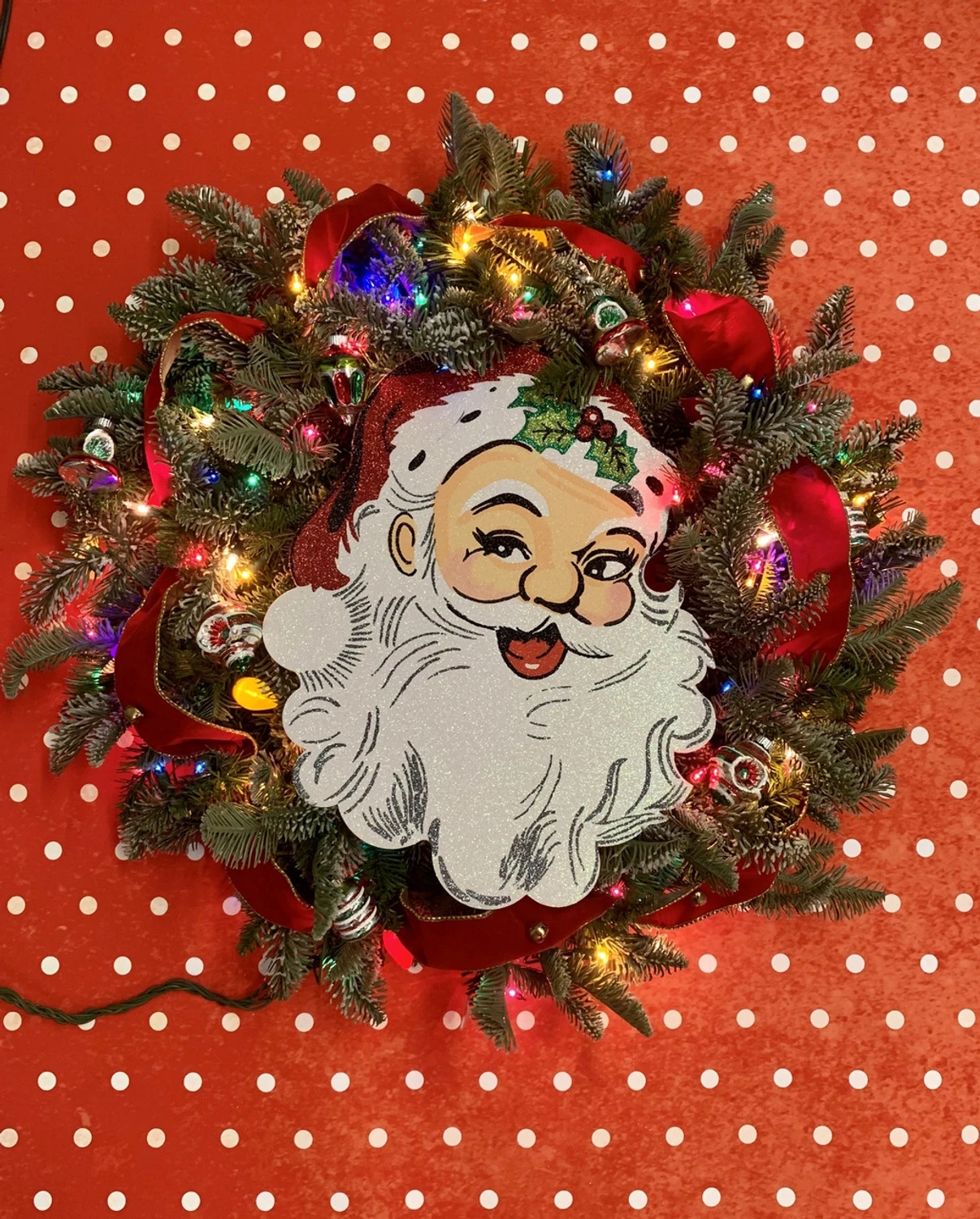 30" Handmade Vintage Inspired Santa Lighted Wreath W/ Shiny Brite Ornaments 1 30" Handmade Vintage Inspired Santa Lighted Wreath W/ Shiny Brite Ornaments