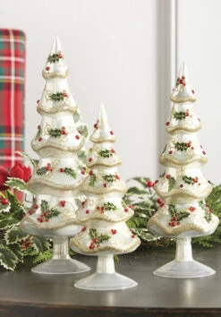 Raz 13.25" Set Of 3 Holly Patterned Jeweled Glass Christmas Tree Figure 4122863