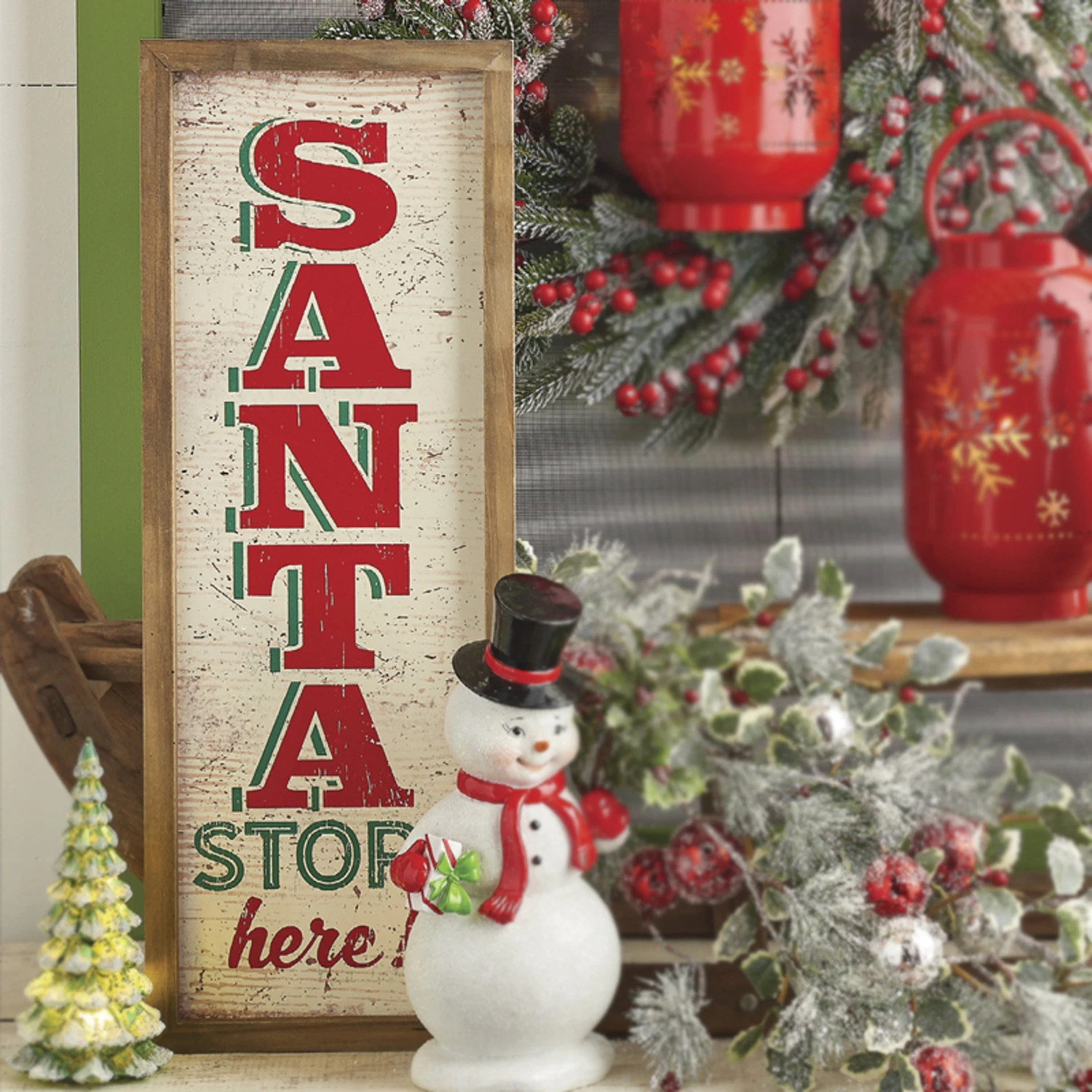 Raz 24.75" Santa Stops Here Wooden Framed Christmas Wall Art 4111239 1 Raz 24.75" Santa Stops Here Wooden Framed Christmas Wall Art 4111239