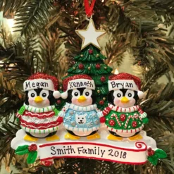 Ugly Sweater Penguin Family Of 3 Personalized Christmas Ornament