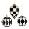 Kurt Adler Black And White Harlequin Ball And Finial Glass Christmas Ornament T3145