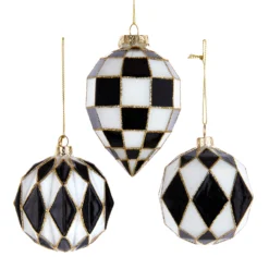 Kurt Adler Black And White Harlequin Ball And Finial Glass Christmas Ornament T3145